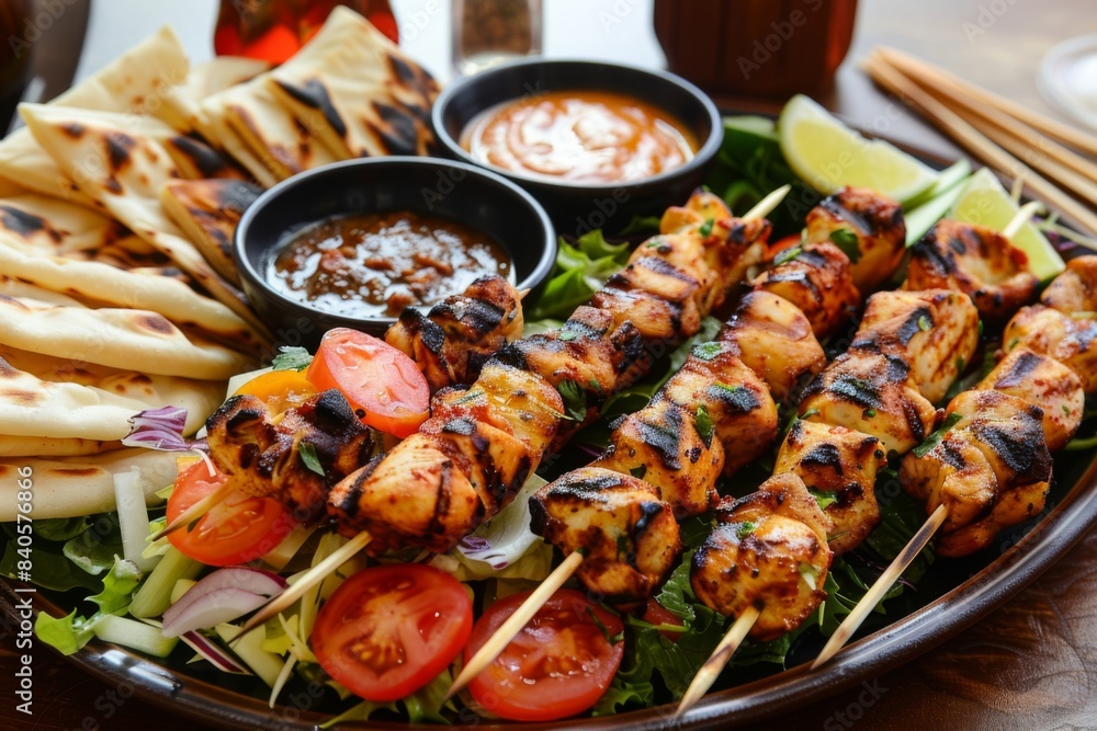 Beautifully Arranged Platter of Chicken Kebabs with Fresh Vegetables and Sauces