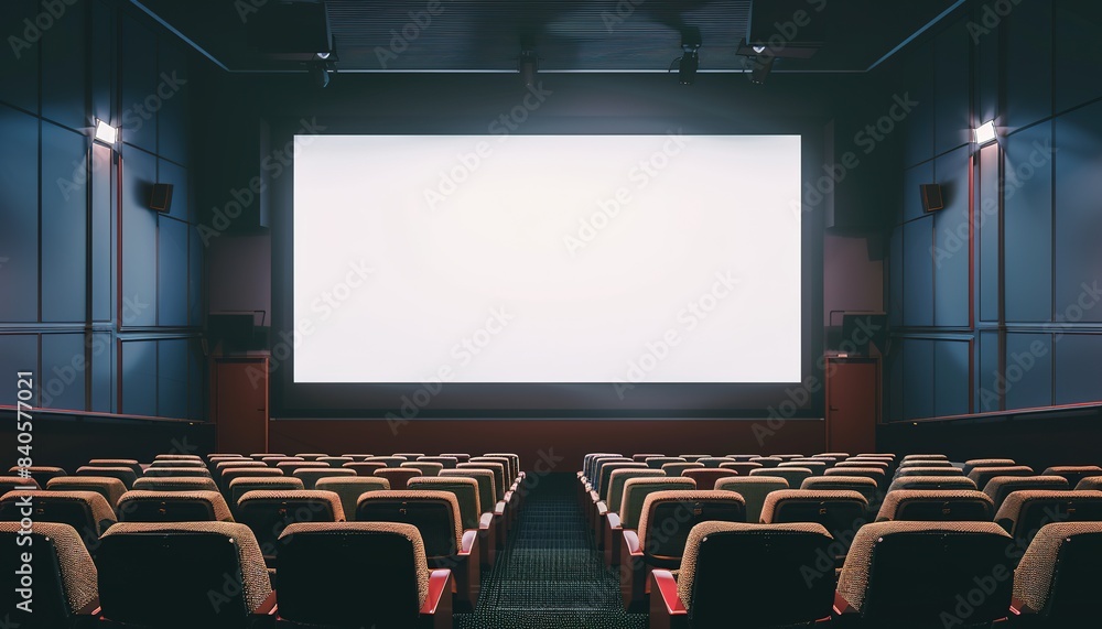 Fototapeta premium Blank cinema with empty white movie screen cinema mockup