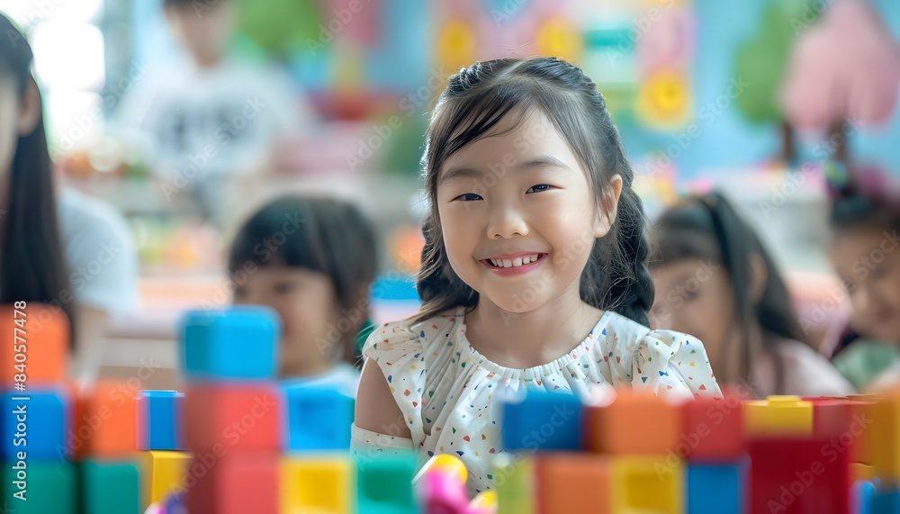 Happy Asian girl playing with colorful blocks in kindergarten Happy Asian girl playing with colorful blocks in kindergarten