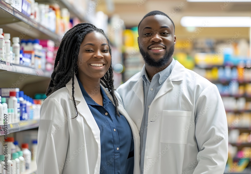 smiling black male and female employee at a pharmacy standing together in a friendly gesture smiling black male and female employee at a pharmacy standing together in a friendly gesture