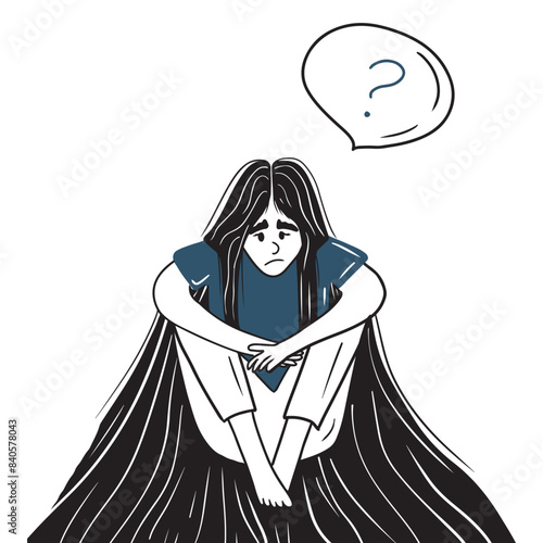 Sad girl with a long black straight hair is sitting and looking at the ground in blue t-shirt. Dark atmosphere of depression, bipolar disorder, love relation problems. Hand drawn vector sketch doodle.