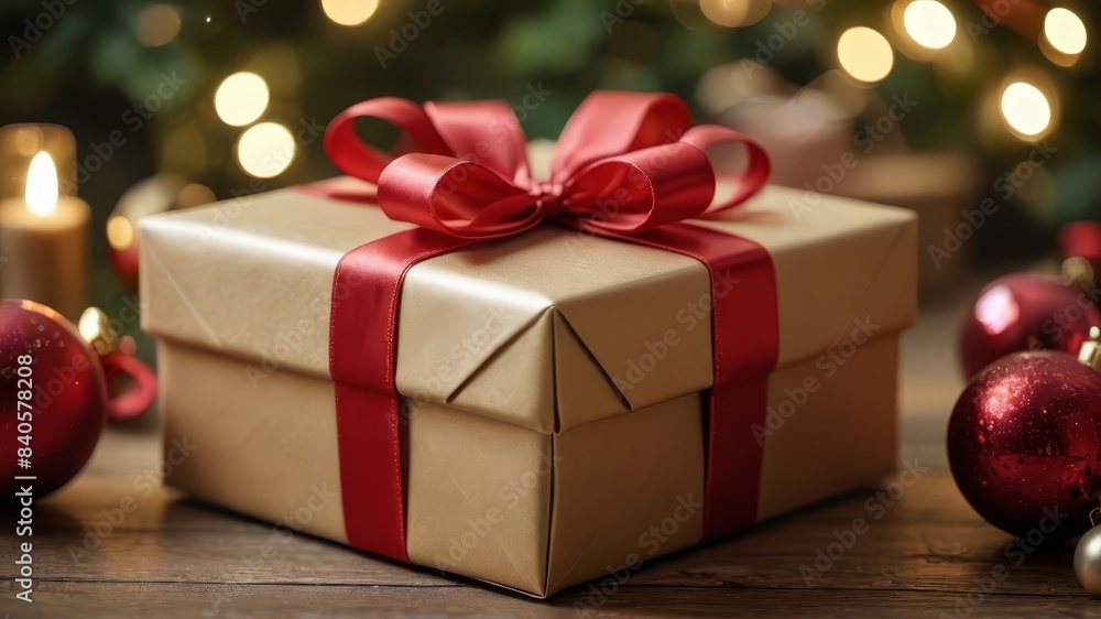 A close-up of a beautifully wrapped gift box with a satin ribbon, placed on a table with festive decorations in the background A close-up of a beautifully wrapped gift box with a satin ribbon, placed on a table with festive decorations in the background