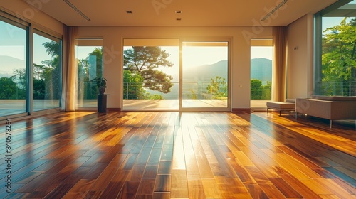 Generate an image of a spacious room with polished hardwood floor