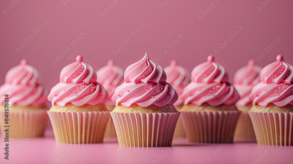 Minimalistic group pink holiday cupcakes lined up row with smooth frosting in light pastel colors Minimalistic group pink holiday cupcakes lined up row with smooth frosting in light pastel colors