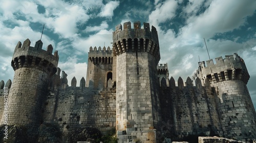 Historic stone fortress with towers and battlements under cloudy skies