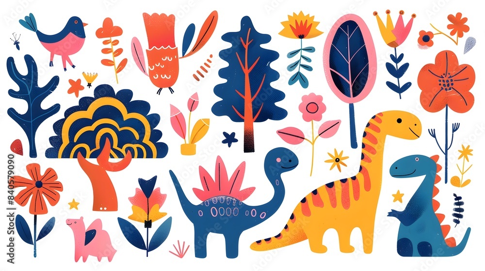 Vibrant Shapes,Figures and Nature Elements in Minimalist Cartoonish Style on White Background Vibrant Shapes,Figures and Nature Elements in Minimalist Cartoonish Style on White Background