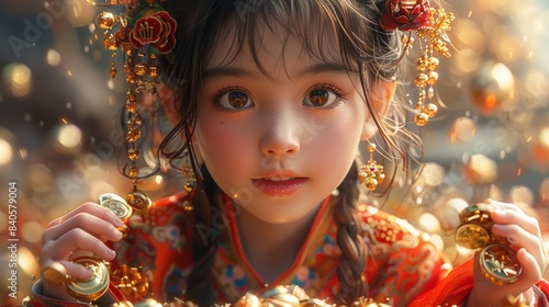 A hyper-realistic 3D character illustration featuring a Chinese girl with big expressive eyes, wearing a red ancient Chinese costume, set against a background filled with gold coins.