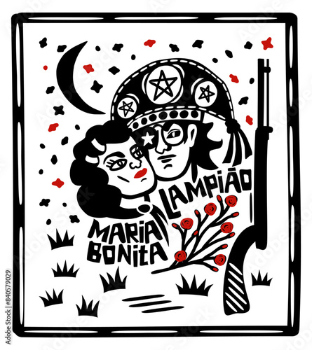 Lampiao and Maria Bonita. Bandits, folk heroes of Brazil. Brazilian cordel style. Northeast woodcut