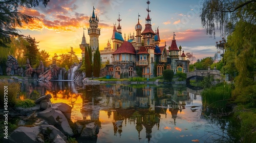 Picturesque castle with towers and lush gardens at sunset photo