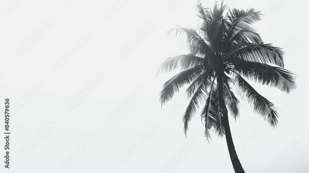 Delicate silhouette of palm tree pristine white background selective focus ethereal manipulation island theme Delicate silhouette of palm tree pristine white background selective focus ethereal manipulation island theme