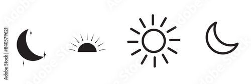 Time of the day  Rising and setting sun, crescent moon and stars, day and night time symbols. Vector illustration
