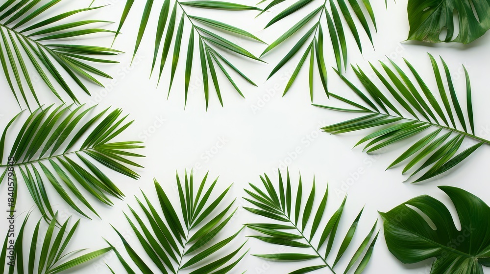 Green palm leaves in a simple pattern on white background, vibrant and minimalistic Great for fresh and clean design visuals Green palm leaves in a simple pattern on white background, vibrant and minimalistic Great for fresh and clean design visuals