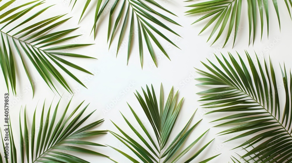 Green palm leaves in a simple pattern on white background, vibrant and minimalistic Great for fresh and clean design visuals Green palm leaves in a simple pattern on white background, vibrant and minimalistic Great for fresh and clean design visuals