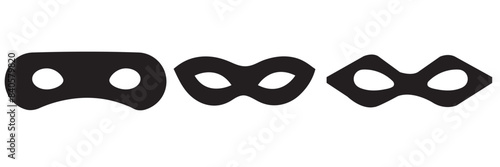 Mask superhero carnival villain or burgar vector icon set. Black masquerade costume eye mask silhouette hidden person face. Simple design incognito party masque shape template illustration.