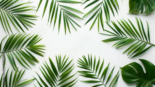 Green palm leaves in a simple pattern on white background, vibrant and minimalistic Great for fresh and clean design visuals