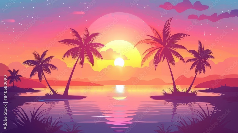 Fototapeta premium Island sunset flat design front view summer theme animation vivid