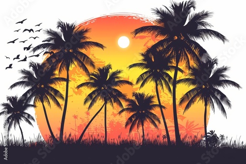 Illustration of vibrant tropical sunset with silhouetted palm trees on white background Perfect for tropicalthemed designs and sunset visuals