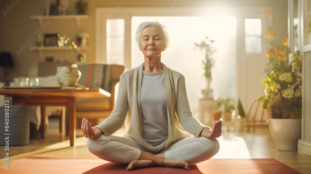 An elderly woman practices meditation or yoga in a quiet living room with soft sunlight An elderly woman practices meditation or yoga in a quiet living room with soft sunlight