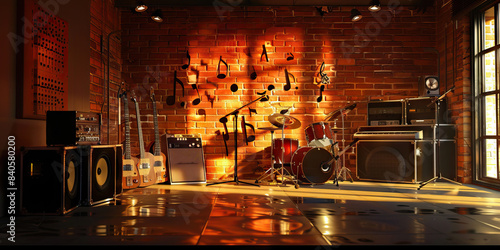 Music Studio Inspiration: Music Notes Adorning the Walls of a Creative Music Studio with Instruments and Recording Equipment.