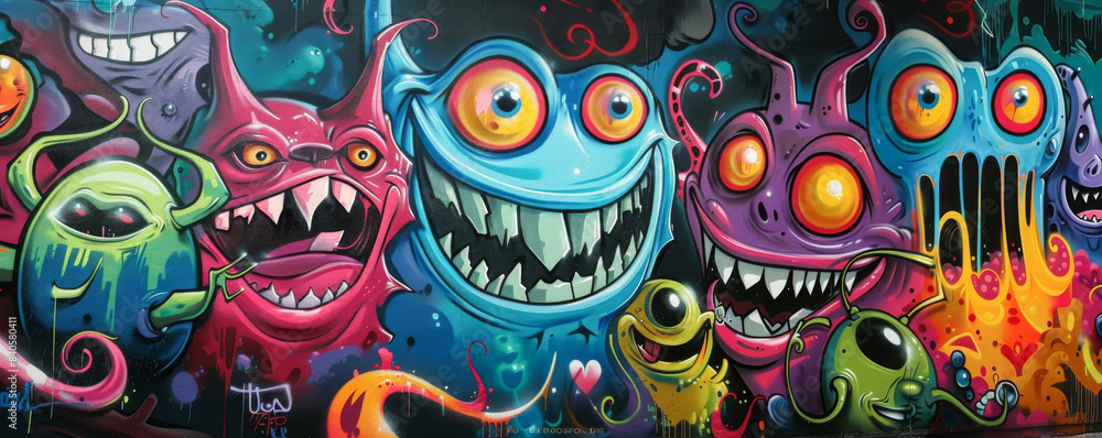 Colorful monster faces in street art graffiti, vibrant urban wall mural Colorful monster faces in street art graffiti, vibrant urban wall mural