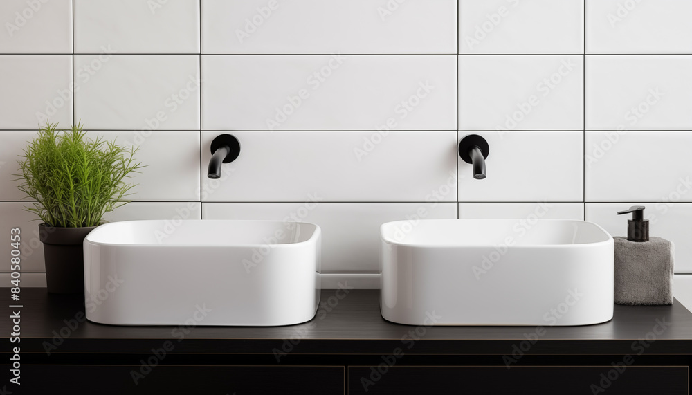 Fototapeta premium Two modern white ceramic sinks with black faucets in a bright bathroom with white tiled walls and a dark vanity