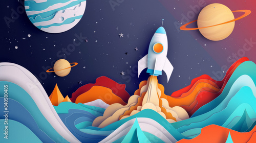 Fototapeta Naklejka Na Ścianę i Meble -  Rocket flying in space in paper art style illustration