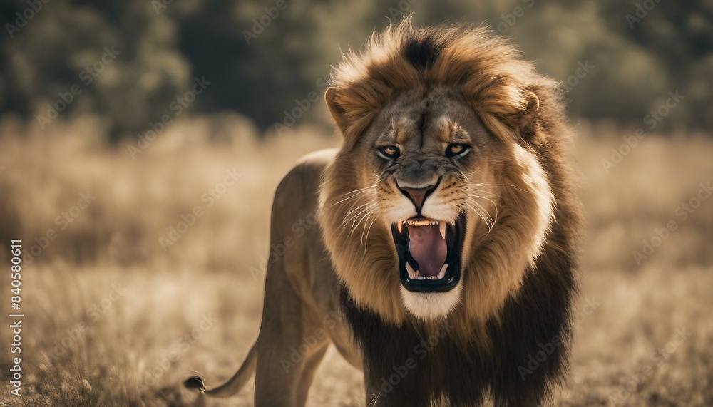 A majestic Lion, with a wide mouth, captured in its wild habitat, standing alert, teeth bared, emitting a powerful roar, ready for any threat. A majestic Lion, with a wide mouth, captured in its wild habitat, standing alert, teeth bared, emitting a powerful roar, ready for any threat.