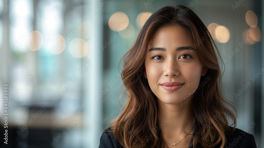 Obraz premium Portrait of filipina woman beautiful business leader, in modern bright office boardroom, professional atmosphere, leadership, diverse workplace, corporate setting.