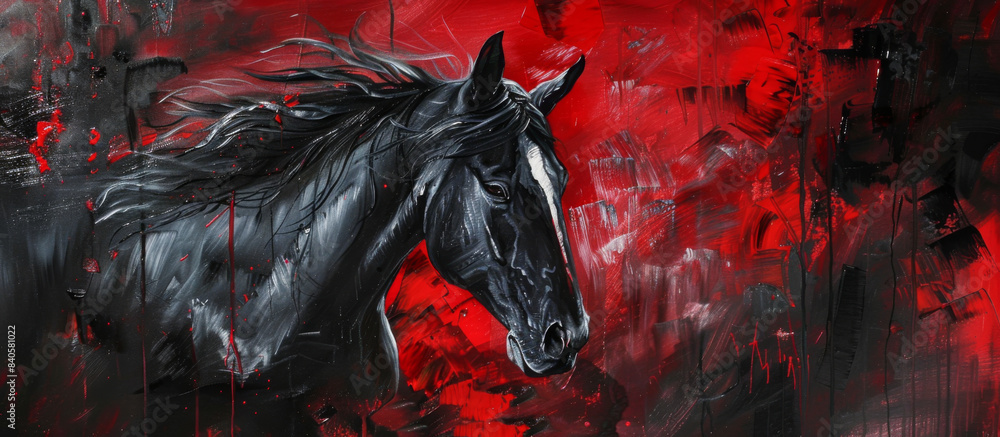 Dramatic black horse painting on red background, powerful and intense equine art Dramatic black horse painting on red background, powerful and intense equine art