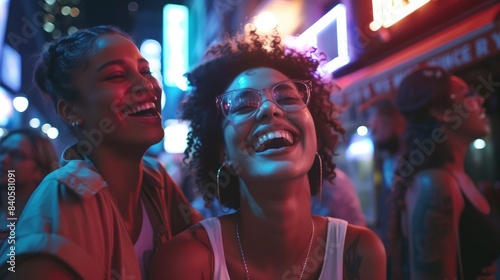Four friends share a joyful moment, laughing together in a vibrant city street illuminated by colorful neon signs at night. Generative ai
