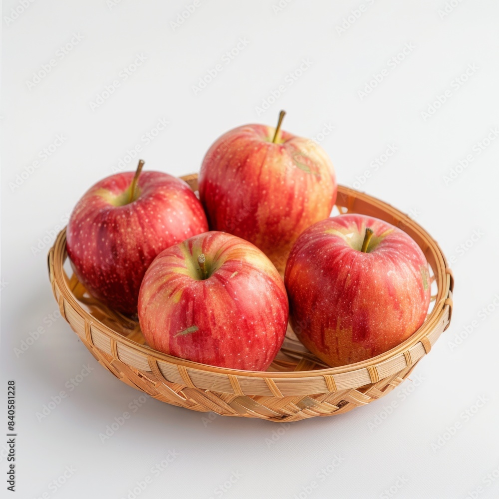 isolate Fresh apple appetizing There are not peeling. And peeled and ready to eat in the Small bamboo basket on white background isolate Fresh apple appetizing There are not peeling. And peeled and ready to eat in the Small bamboo basket on white background