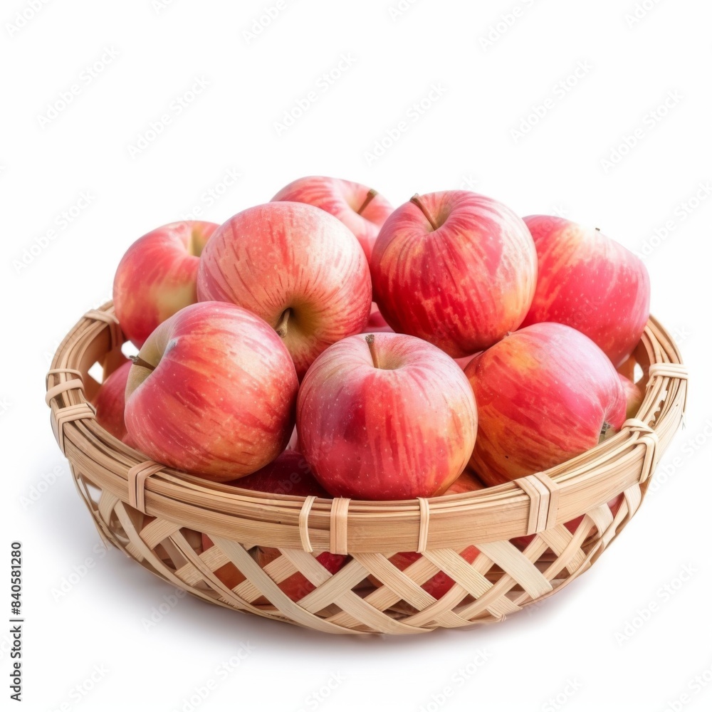 isolate Fresh apple appetizing There are not peeling. And peeled and ready to eat in the Small bamboo basket on white background isolate Fresh apple appetizing There are not peeling. And peeled and ready to eat in the Small bamboo basket on white background