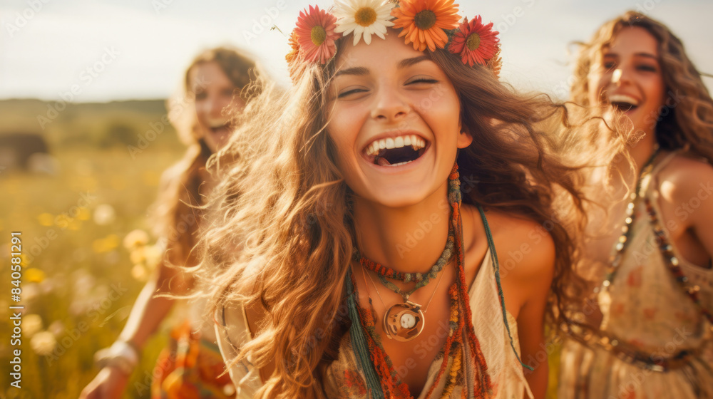 Three young women wearing flower crowns and bright clothes with accessories laugh and enjoy in a field of wild flowers in soft sunlight Three young women wearing flower crowns and bright clothes with accessories laugh and enjoy in a field of wild flowers in soft sunlight