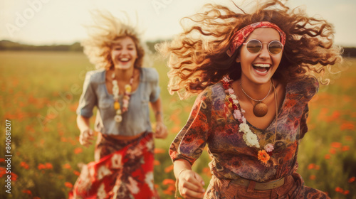 Two young women wearing flower crowns and bright clothes with accessories laugh and enjoy in a field of wild flowers in soft sunligh photo