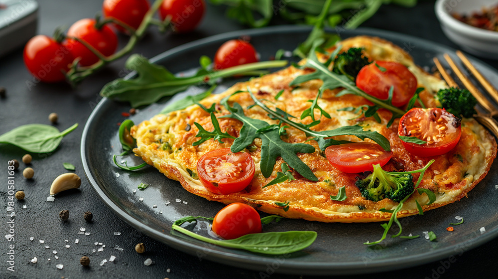 Omelette stuffed with tomato, broccoli, feta cheese and fresh green leaves of arugula and spinach. Healthy diet food, breakfast. Omelette stuffed with tomato, broccoli, feta cheese and fresh green leaves of arugula and spinach. Healthy diet food, breakfast.