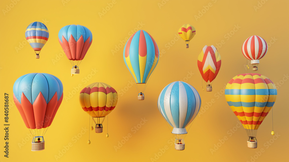 3d Cartoon hot air balloons in various shapes