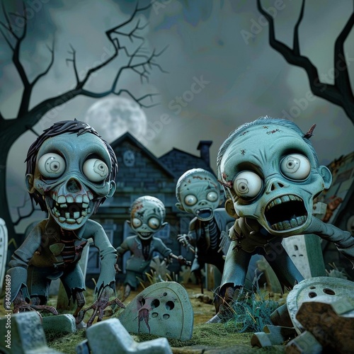 36 Frightening 3D cartoon zombies lurking in a graveyard for Halloween