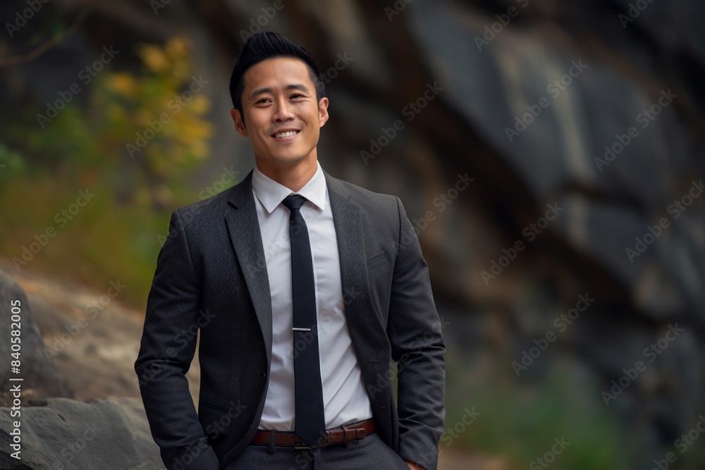 Portrait of a grinning asian man in his 30s wearing a professional suit jacket while standing against rocky cliff background Portrait of a grinning asian man in his 30s wearing a professional suit jacket while standing against rocky cliff background