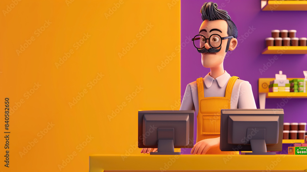 3d Cartoon customer service desk with a smiling employe 3d Cartoon customer service desk with a smiling employe
