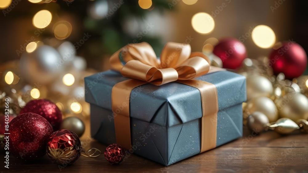 A close-up of a beautifully wrapped gift box with a satin ribbon, placed on a table with festive decorations in the background A close-up of a beautifully wrapped gift box with a satin ribbon, placed on a table with festive decorations in the background