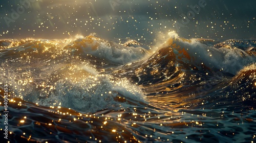 raging sea waves with golden sparkling light