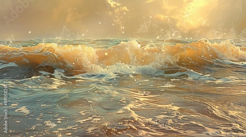 raging sea waves with golden sparkling light photo