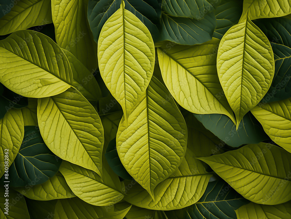closeup of dark green leaves, their texture and shape rendered in intricate detail. The background is a soft gradient from light to dark yellow closeup of dark green leaves, their texture and shape rendered in intricate detail. The background is a soft gradient from light to dark yellow