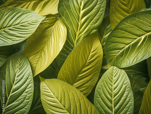 closeup of dark green leaves  their texture and shape rendered in intricate detail. The background is a soft gradient from light to dark yellow