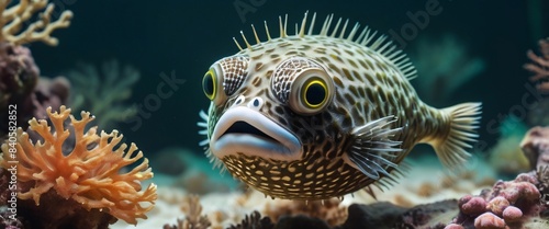 puffer fish and coral and fish, shiny aura, highly detailed, gold filigree, intricate motifs, organic tracery, perfect composition, smooth, sharp focus, sparkling particles, lively coral reef