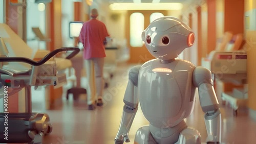 A friendly, advanced robot navigating a hospital corridor, exemplifying the integration of robotics in healthcare to assist with patient care and support medical staff.