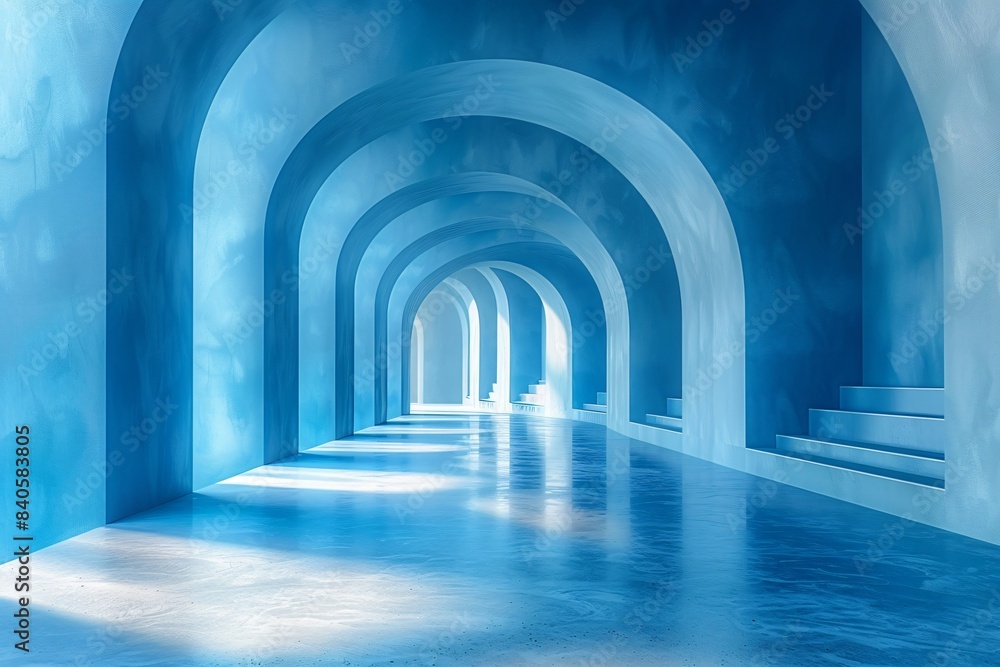 Fototapeta premium Simple long hallway: blue wall, white ceiling