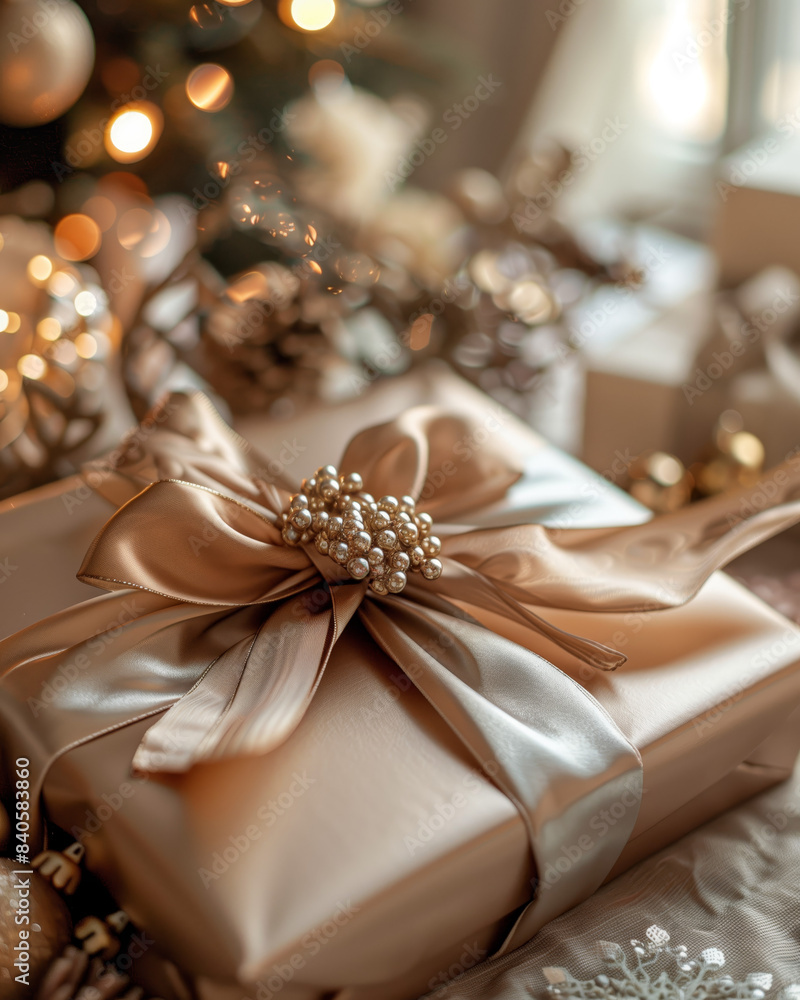 A close-up of a beautifully wrapped gift box with a satin ribbon, placed on a table with festive decorations in the background A close-up of a beautifully wrapped gift box with a satin ribbon, placed on a table with festive decorations in the background
