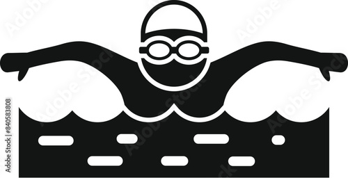 Simplified black and white icon of a swimmer wearing goggles doing the butterfly stroke
