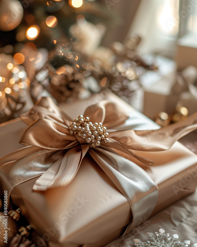A close-up of a beautifully wrapped gift box with a satin ribbon, placed on a table with festive decorations in the background